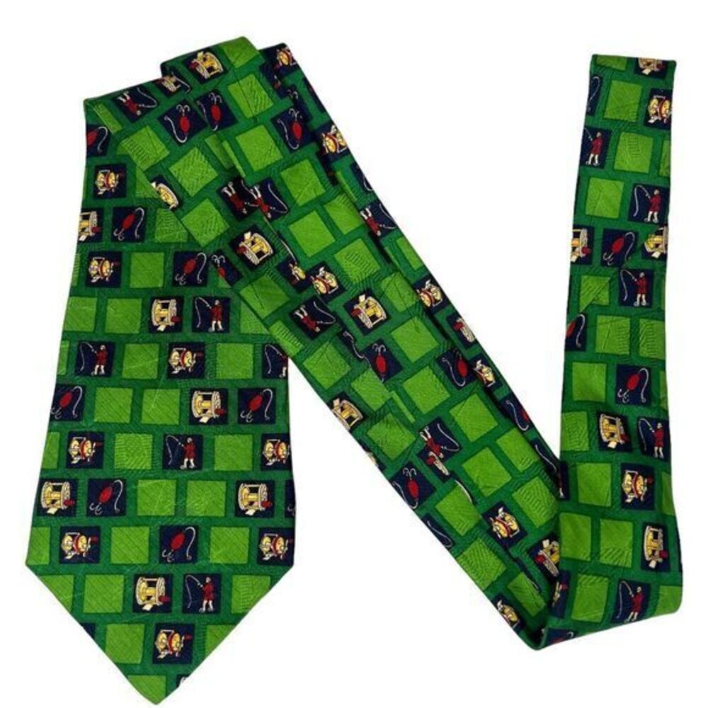 TOMMY HILFIGER Green Fly Fishing Silk Tie Lure Reel Novelty Fisherman - Picture 2 of 10